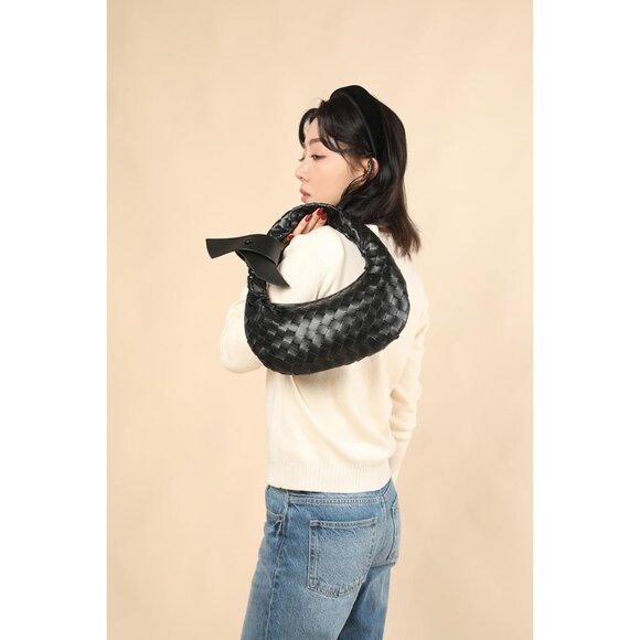 Leather Woven Knot Clutch Dumpling Hobo Top Handle Bag for Women with Elegant Ha - Picture 5 of 7